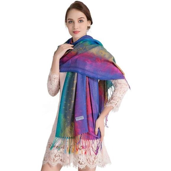 Women Pashmina Shawl Scarf Cotton Jacquard Wrap Tassel Lightweight Warm Wrap - Picture 3 of 7